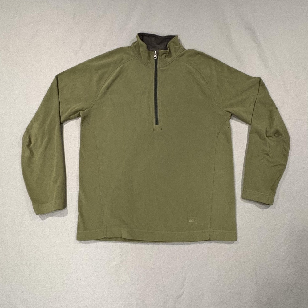 REI Sweatshirt Mens Medium Green‎ Pullover Fleece 1/4 Zip Tagless Hiking Logo